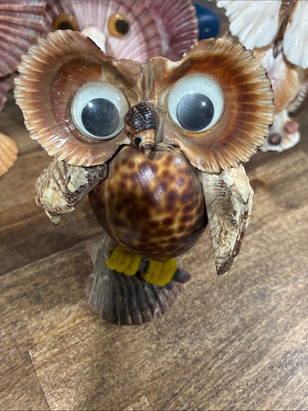 Vintage Brown Shell Owl Figurine with Yellow Feet